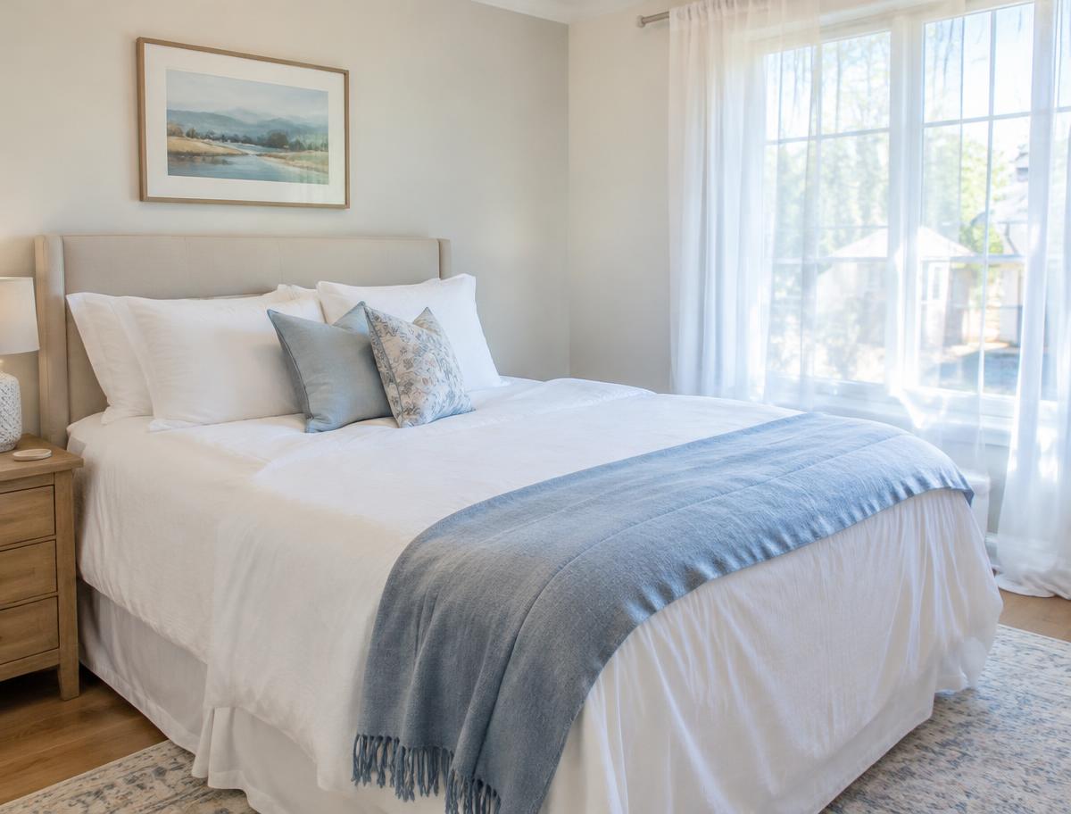 Freshly made bed with crisp white linens in a bright bedroom