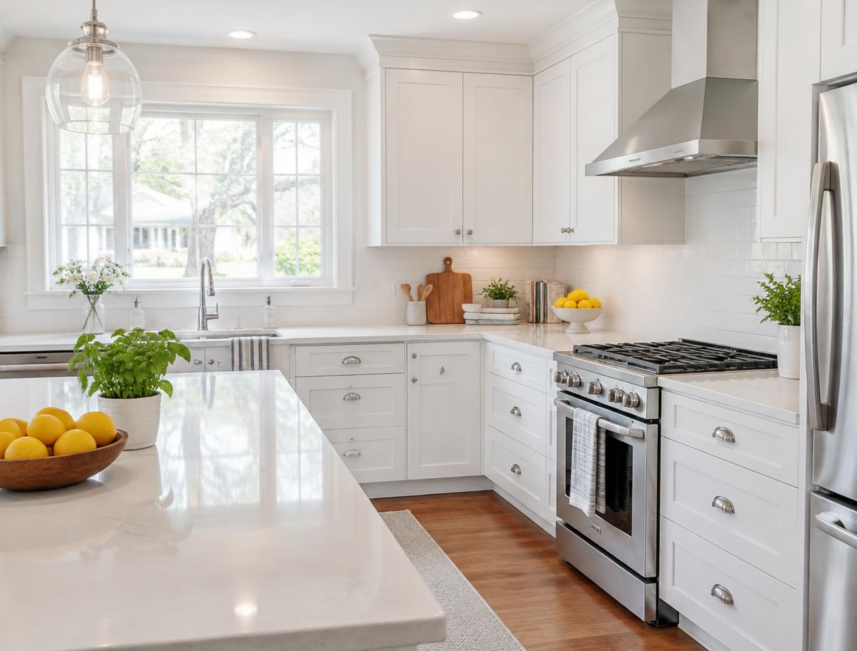 Sparkling clean white kitchen with quartz counters